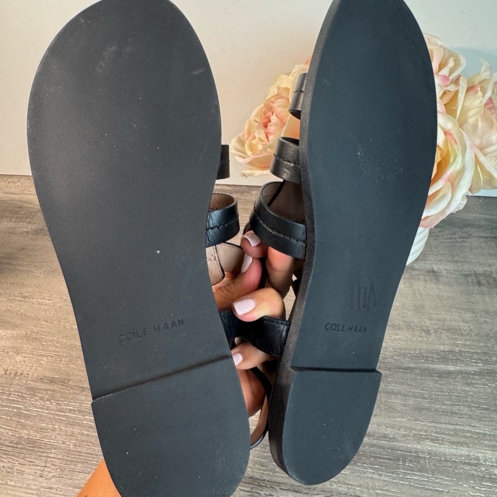 Cole Haan Black Leather Strappy Sandal with Gold Buckle Accent - Picture 10 of 11